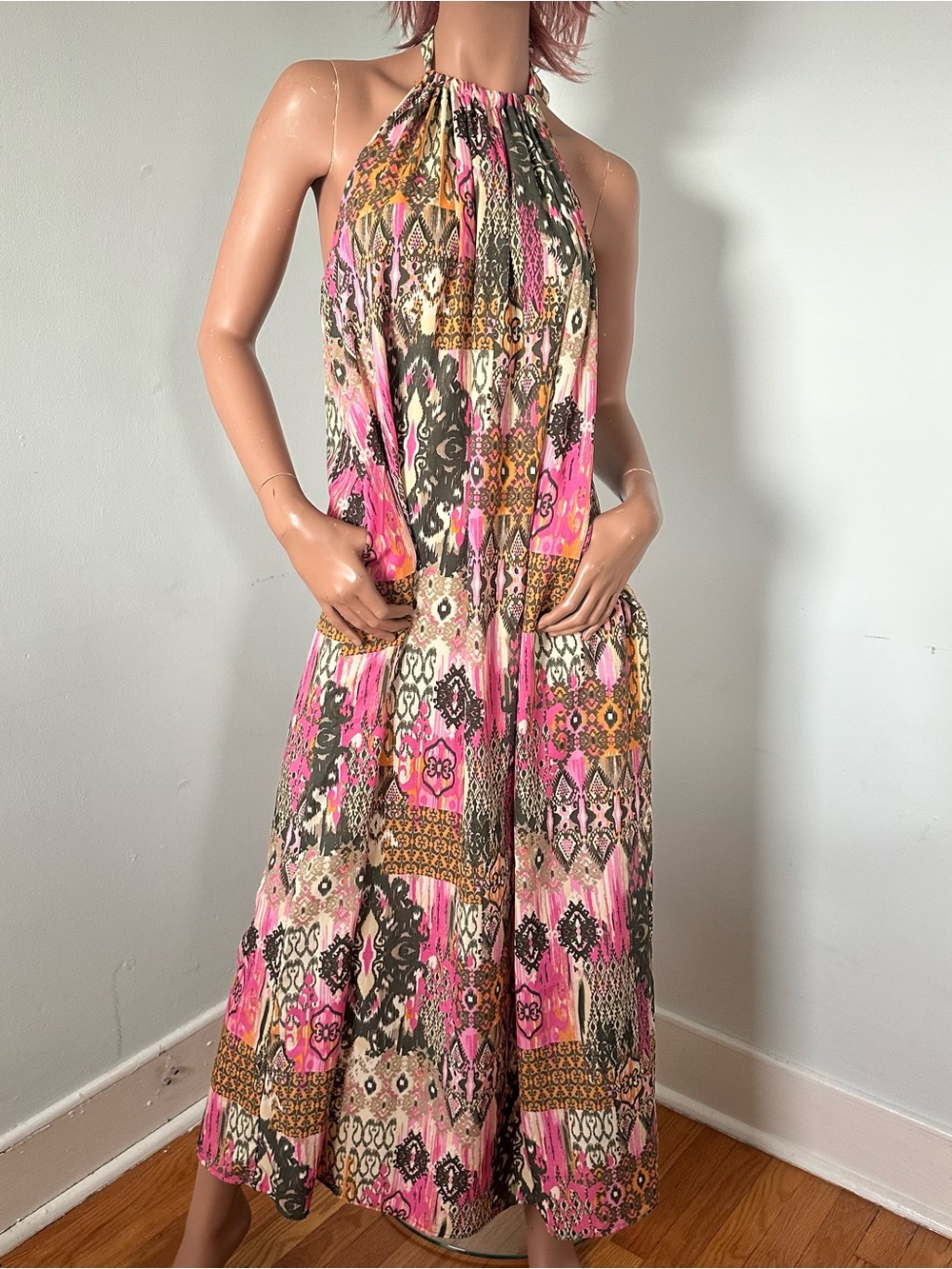 Elan Pink and Olive Patterned Halter Maxi Dress NWOT